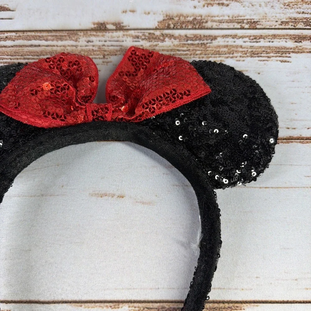 Disney Parks Authentic Minnie Mouse Black Sequin Ears Headband Red Bow